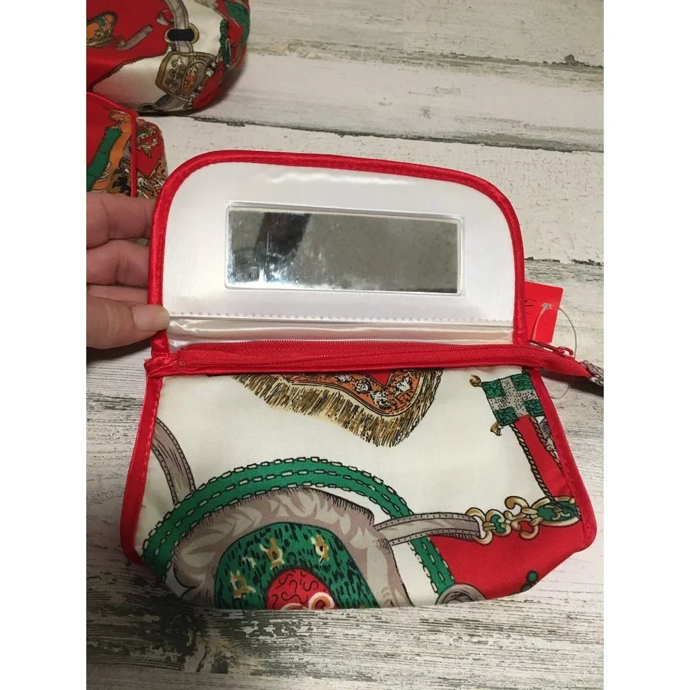 Cosmetic accessories bags set of three red white green plastic type interior zip